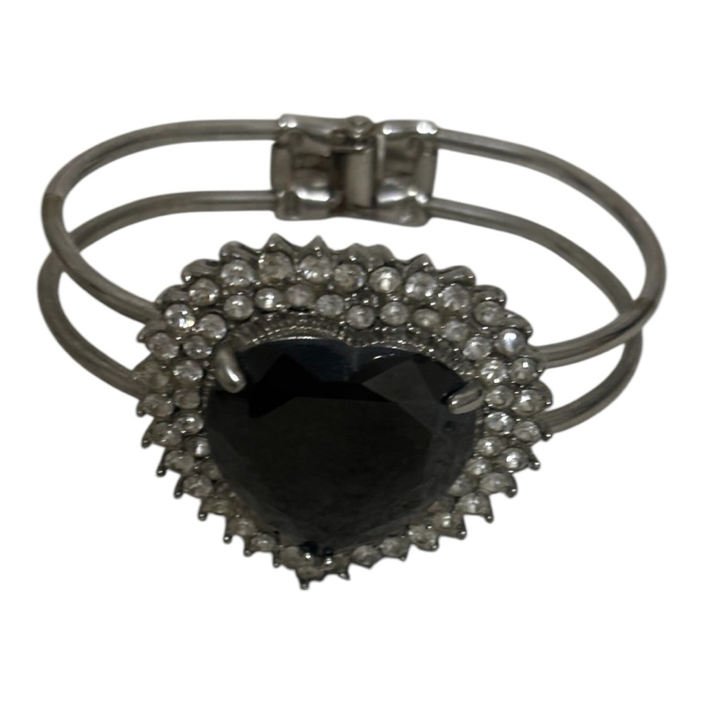 Wrist Cuff Bracelet with Heart Shape Stone 6.5" Women's Black/Silver